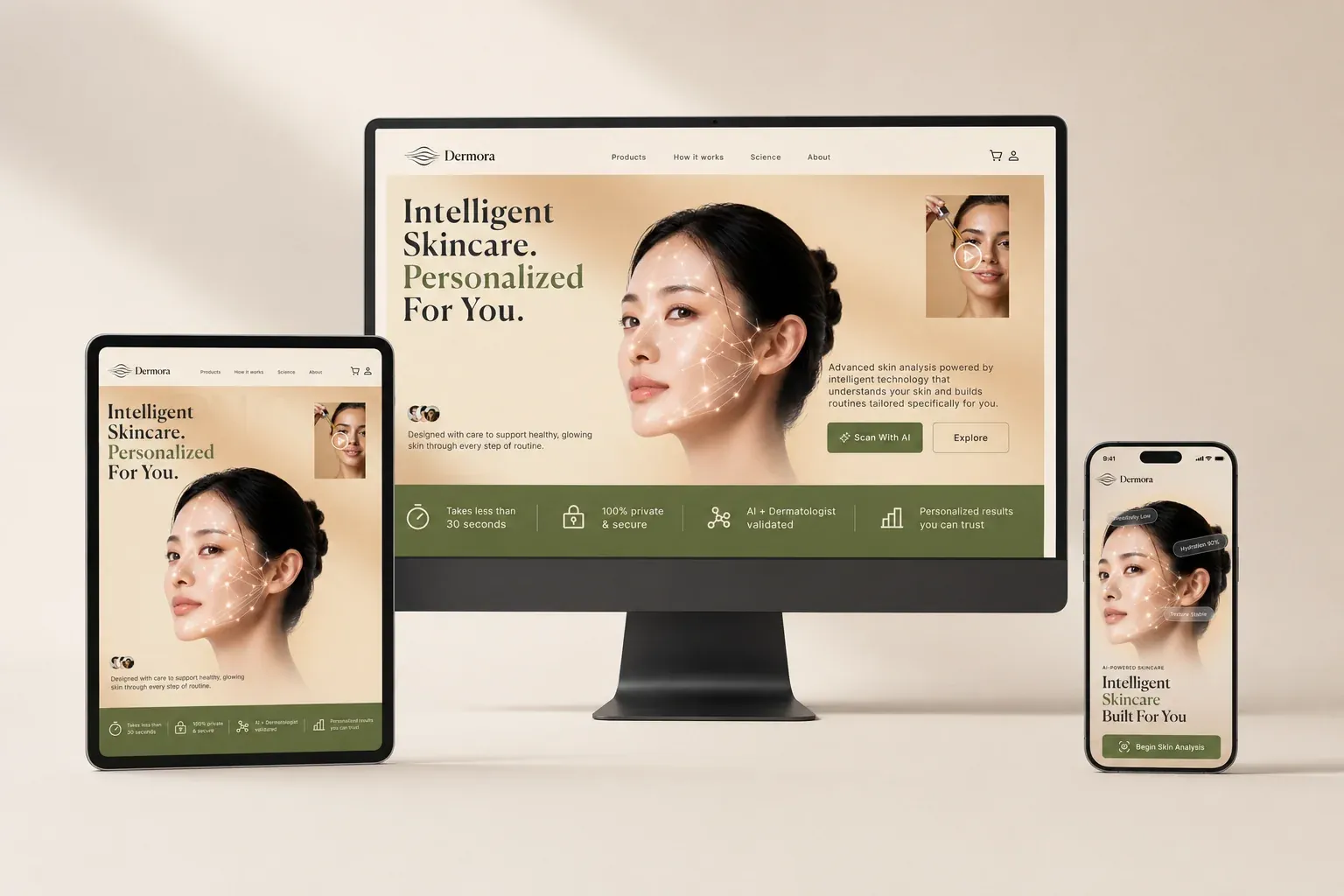 Dermora skincare app mobile UI mockup, case study preview