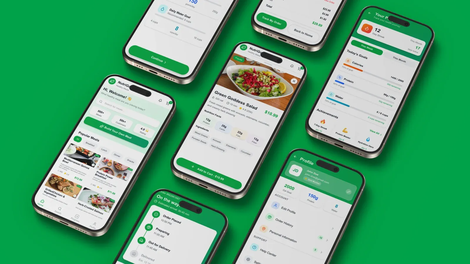 NutriGo Healthy food delivery app mobile UI mockup, case study preview